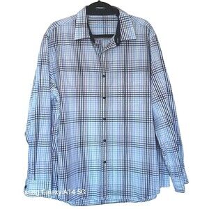 Tasso Elba Men's Shirt Size XL 17.5 Blue Plaid Button Up Long Sleeve Collar